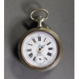 SILVER PLATED JUMBO POCKET WATCH with keyless movement, white roman dial with subsidiary seconds