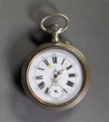 SILVER PLATED JUMBO POCKET WATCH with keyless movement, white roman dial with subsidiary seconds