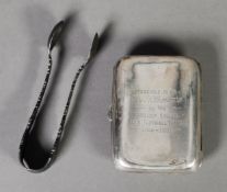 6 SILVER TONGS AND CIGARETTE CASE, the cigarette case with football inscription, 2.8 ozt. [2]
