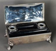 EDWARDIAN SILVER INKSTAND, the blackwood interior with two SILVER rimmed inkwells, enclosed with a