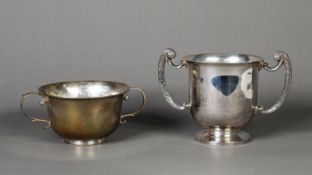 GEORGE V SILVER TWO HANDLED LOVING CUP, of typical form with high scroll handles and plain