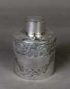 VICTORIAN EMBOSSED SILVER SMALL TEA CADDY BY ATKIN BROTHERS, of cylindrical form with slightly domed