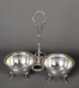 FOREIGN 800 STANDARD SILVER COLOURED METAL TWO DIVISION HORS D’OUVRES STAND, with circular