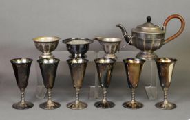 THREE PIECE ELECTROPLATED TEA SET, of circular, part panelled form, SET OF SIX GOBLETS, one badly