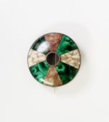 VICTORIAN LOW-DOMED CIRCULAR BROOCH inset with four radiating segments of malachite and four