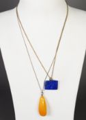 BUTTERSCOTCH AMBER NATURAL SHAPED PENDANT on a fine chain NECKLACE and a LAPIS LAZULI RECTANGULAR