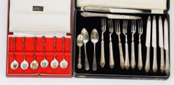 CASED SET OF SILVER SEAL TOP COFFEE SPOONS WITH FLORAL GUILLOCHE ENAMELLED BOWLS, Birmingham 1973,