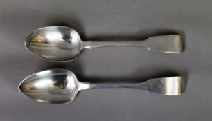 NEAR PAIR OF GEORGE III IRISH SILVER FIDDLE PATTERN TABLE SPOONS WITH RAT TAIL BOWLS, one Dublin