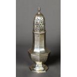 EDWARD VII SILVER PEDESTAL SUGAR CASTOR, of panelled form with pull-off and pierced cover, 6 ½” (