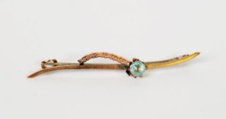 9CT GOLD BAR BROOCH set with a pale blue stone at the end of a dragonfly's body, (wings missing),