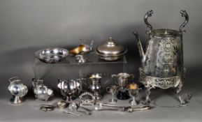 LATE VICTORIAN SILVER PLATED OVERSIZED SPIRIT KETTLE, plus a muffin dish and other associated