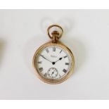 WALTHAM ROLLED GOLD OPEN FACED POCKET WATCH with keyless movement No 24040553, white roman dial with