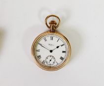 WALTHAM ROLLED GOLD OPEN FACED POCKET WATCH with keyless movement No 24040553, white roman dial with