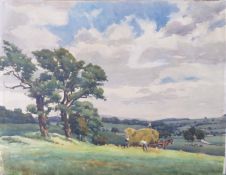 HARRY RUTHERFORD (1903 - 1985) WATERCOLOUR DRAWING ON PAPER LAID DOWN ON CARD Landscape with
