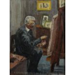 A LEWIS (TWENTIETH CENTURY) OIL ON BOARD Portrait of L S Lowry sat at his easel painting Signed