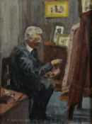 A LEWIS (TWENTIETH CENTURY) OIL ON BOARD Portrait of L S Lowry sat at his easel painting Signed