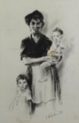 BOB RICHARDSON (b. 1938) PENCIL AND CHARCOAL DRAWING Mother with child in her arms and little girl