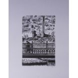 ROGER HAMPSON (1925 - 1996) LINOCUT ON MAUVE PAPER Gilmont Mill and Bridge Signed, titled and