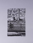 ROGER HAMPSON (1925 - 1996) LINOCUT ON MAUVE PAPER Gilmont Mill and Bridge Signed, titled and