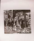 ROGER HAMPSON (1925 - 1996) LINOCUT ON MAUVE PAPER Cinema Queue Signed titled and numbered 6/10 in