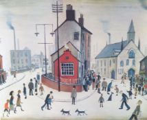 AFTER L S LOWRY TWO UNSIGNED REPRODUCTION COLOUR PRINTS 'A Street in Clitheroe' and Whit Walks