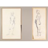 NORMAN C JAQUES (1922-2014) TWO BLUE PEN DRAWINGS Standing female nude One signed 14 ¾” x 6” (37.5cm