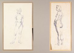 NORMAN C JAQUES (1922-2014) TWO BLUE PEN DRAWINGS Standing female nude One signed 14 ¾” x 6” (37.5cm