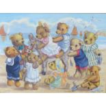 DOREEN EDMOND (CONTEMPORARY) OIL PAINTING ON CANVAS Nine Teddy Bears and a Donkey at the Seaside