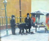 POST-WAR NORTHERN SCHOOL OIL PAINTING ON CANVAS Jewish street vendor with clothing stall, two men