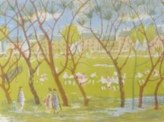 MARGARET GUMUCHIAN (1928 - 1999) ARTIST SIGNED LITHOGRAPH IN COLOURS 'Off-side', spectators watching