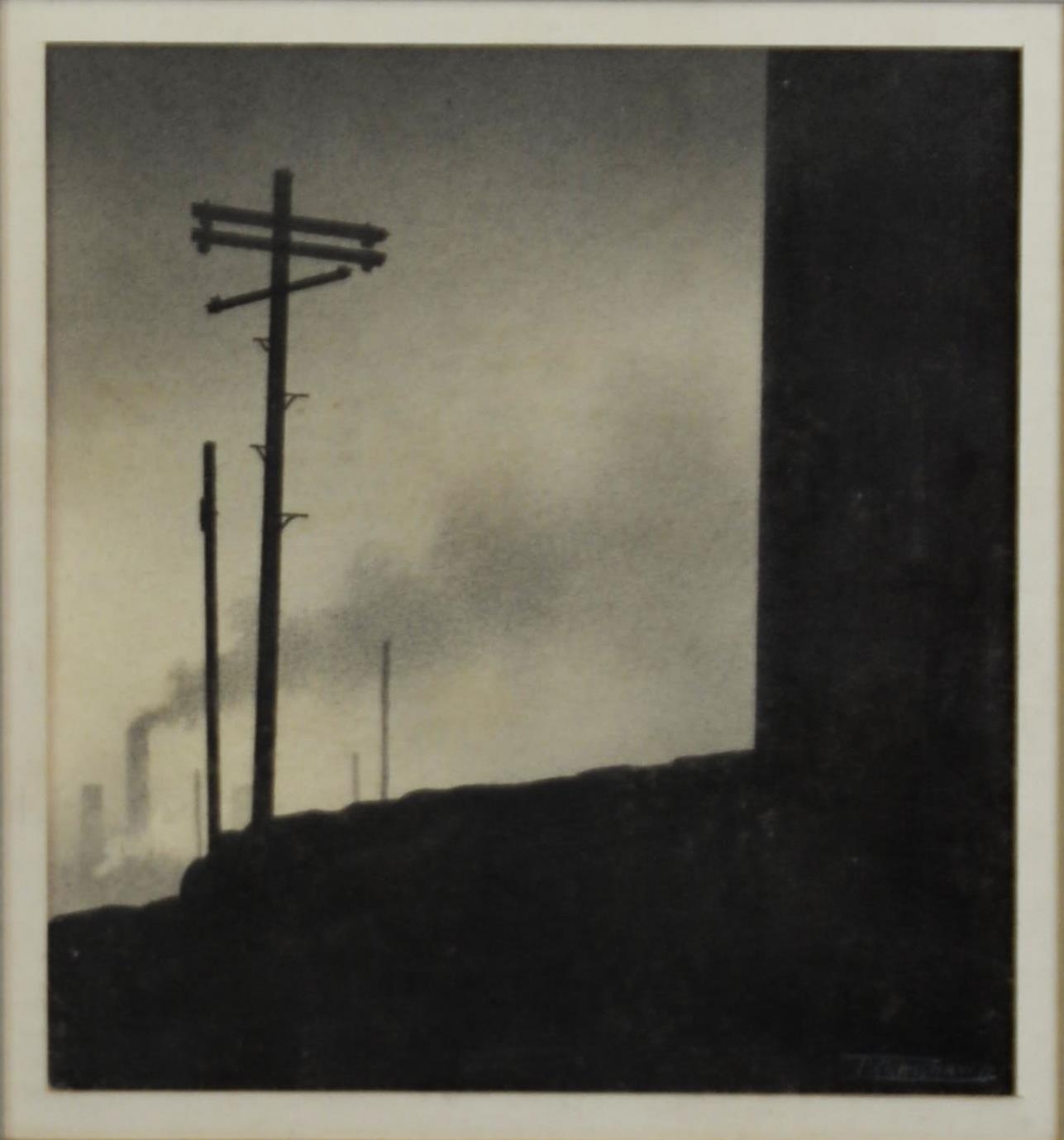TREVOR GRIMSHAW (1947-2001) PENCIL DRAWING ‘Beyond the Houses’, Industrial landscape with