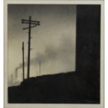 TREVOR GRIMSHAW (1947-2001) PENCIL DRAWING ‘Beyond the Houses’, Industrial landscape with