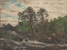 IAN GRANT (1904 - 1993) OIL PAINTING ON CANVAS River landscape with trees and rapids in the