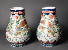 PAIR OF JAPANESE MEIJI PERIOD IMARI PORCELAIN PEAR SHAPED VASES, each of footed form and painted
