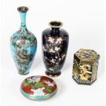FOUR PIECES OF NINETEENTH CENTURY AND LATER ORIENTAL CLOISONNÉ, comprising: TWO VASES, both florally