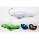 PURPLE MOULDED GLASS SPLASH VASE, of oval form, 20 ½” X 6 ½” (52cm x 16.5cm), together with THREE