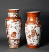 TWO JAPANESE MEIJI PERIOD KUTANI PORCELAIN VASES, each of ovoid form with waisted neck, painted with