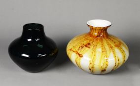 WHITEFRIARS STUDIO RANGE OLD GOLD AND ORANGE COLOURED GLASS VASE, of compressed form with waisted