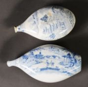 TWO 19TH CENTURY BLUE & WHITE TRANSFER PRINTED POTTERY BABY FEEDER BOTTLES, or invalid feeders;