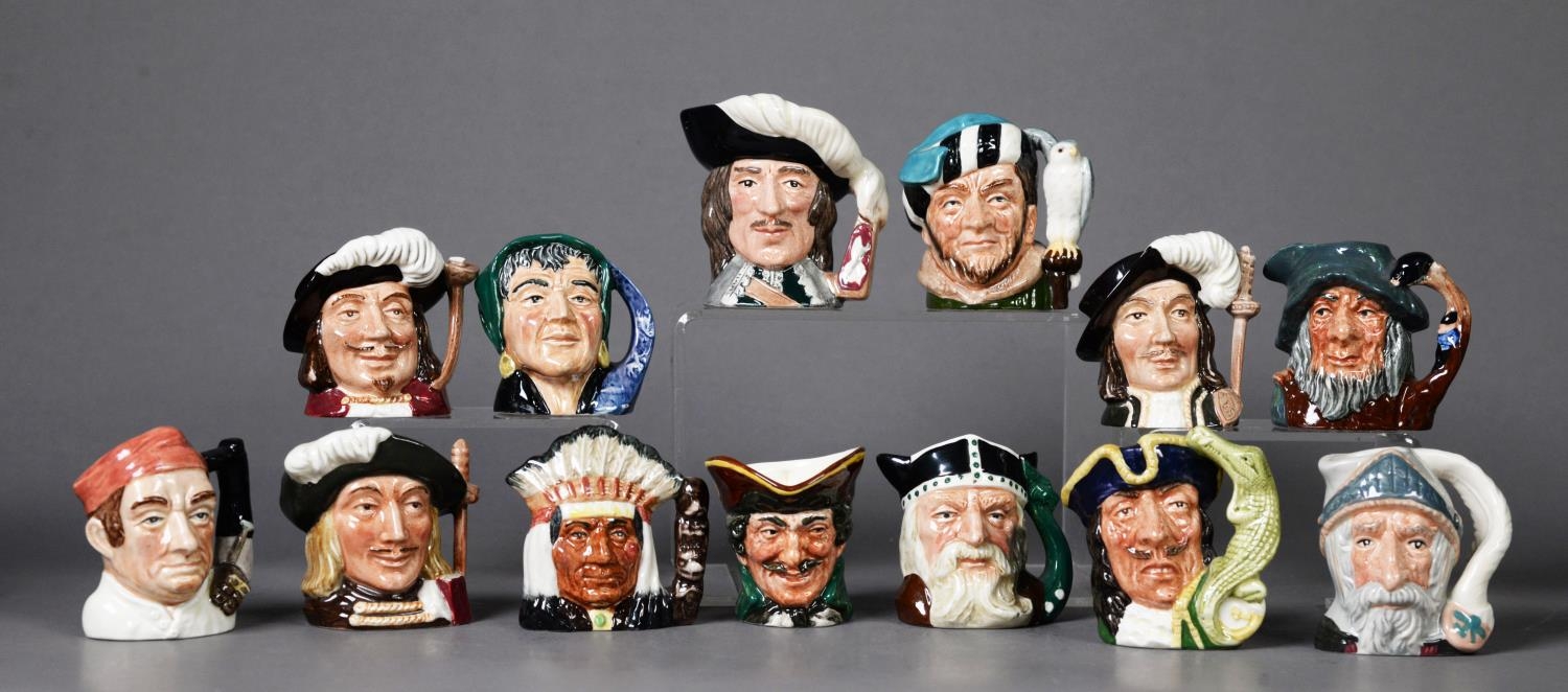 THIRTEEN ROYAL DOULTON POTTERY SMALL CHARACTER JUGS, including: DON QUIXOTE, D6511, THE FALCONER,