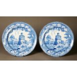 A PAIR OF ROGERS BLUE AND WHITE PEARLWARE PLATES, decorated in the Monopteros pattern featuring