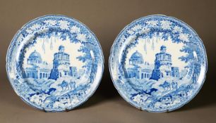 A PAIR OF ROGERS BLUE AND WHITE PEARLWARE PLATES, decorated in the Monopteros pattern featuring