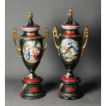 PAIR OF TWENTIETH CENTURY VIENNA STYLE PORCELAIN TWO HANDLED PEDESTAL VASES AND COVERS, each of