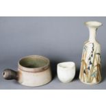 THREE PIECES OF STUDIO POTTERY, comprising: SMALL MATT WHITE GLAZED PINCH POT BY JOHN DOUGLAS