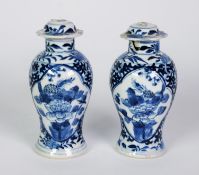 PAIR OF CHINESE BLUE AND WHITE PORCELAIN SMALL VASES AND COVER, each of baluster form with domes