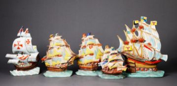 FIVE CZECHOSLOVAKIAN OR ‘FOREIGN’ FLAT BACK POTTERY MODELS OF GALLEONS, each painted in colours