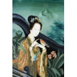 SUITE OF FIVE CHINESE REPUBLIC PERIOD REVERSE PAINTED ON GLASS PICTURES OF LADIES ENJOYING LEISURE