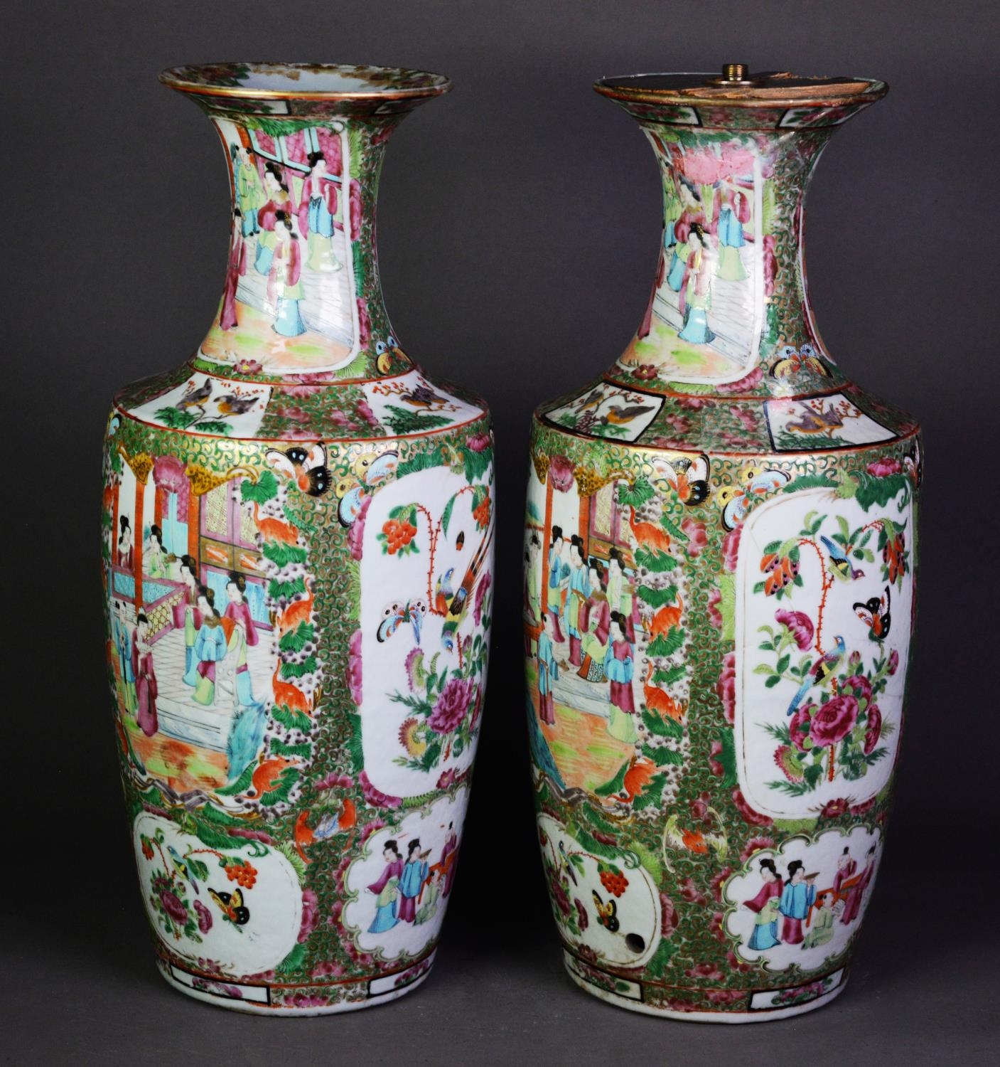 PAIR OF CHINESE LATE QING DYNASTY CANTON DECORATED VASES, the oviform bodies beneath waisted - Image 2 of 2