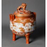 JAPANESE MEIJI PERIOD KUTANI PORCELAIN KORO AND COVER, of typical form with angular handles and