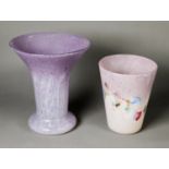PROBABLY VASART OR MONART, TWO SPECKLED GLASS VASES, one of flared form in tones on pink, 10” (25.
